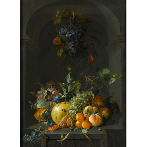 Still Life of Grapes, Melons, Peaches, Plums and other Fruit with Morning Glory and Shafts of Wheat  in a Stone Niche, with a Bunch of Grapes and Medlars Hanging Above